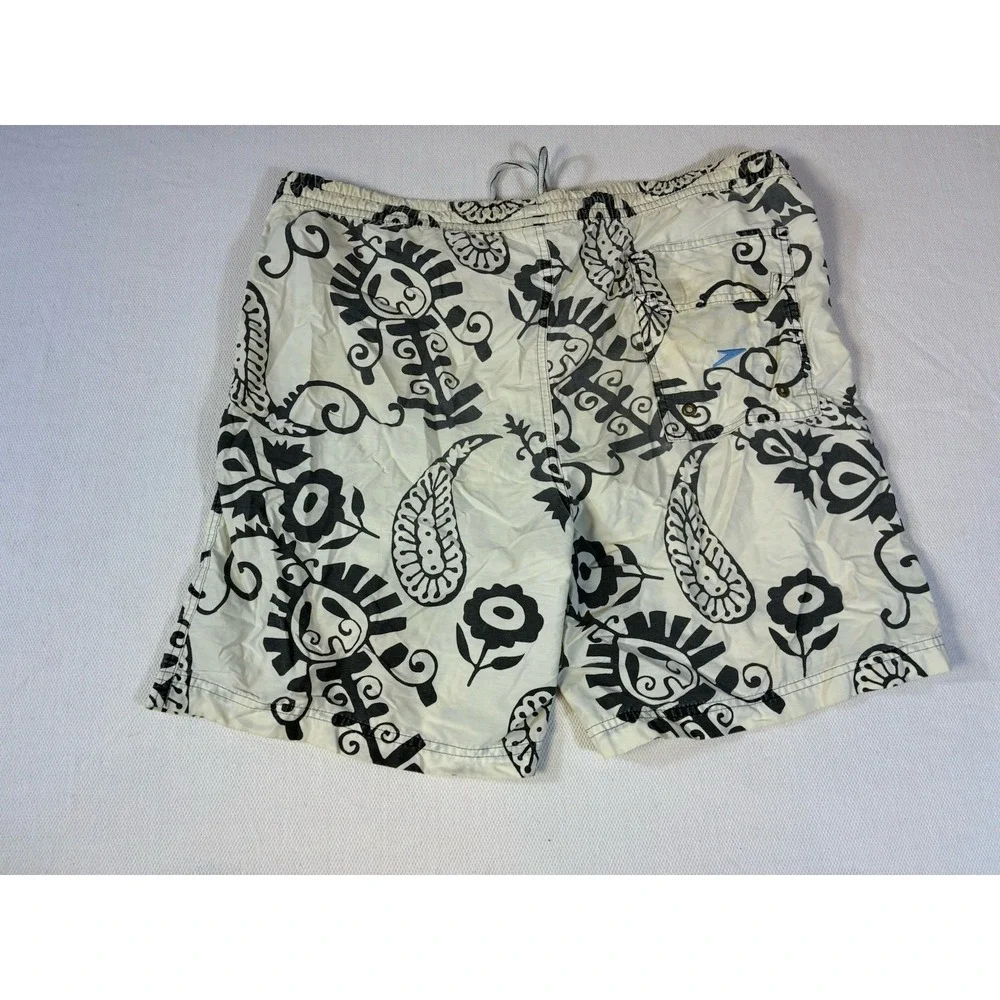 Speedo Men's Medium Swim Trunks Board Shorts Cream Black Paisley Floral Mesh‎